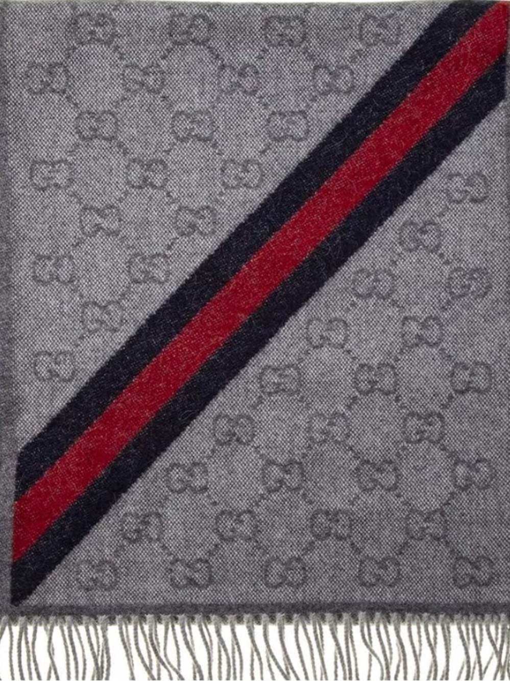 BNWT Authentic Gucci Gray Wool Scarf with Red and Black Diagonal Stripe❤️💙